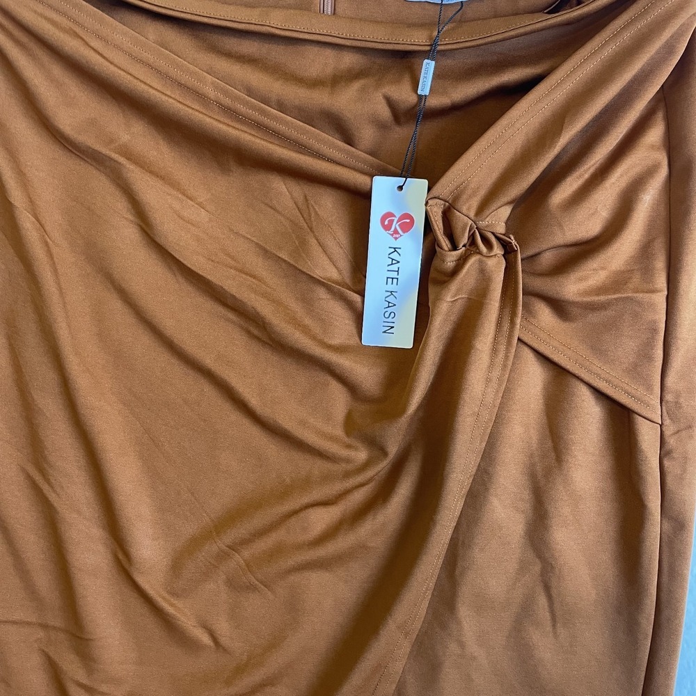 Kate Kasin Womens Faux Wrap Knot Front Asymmetric Midi Skirt Copper, 3XL - Picture 2 of 8